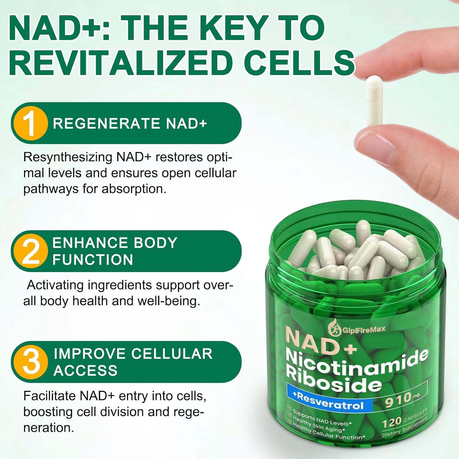 GLPIFIREMAX NAD Supplement, NAD Nicotinamide Riboside 910 Mg for Men and Women, Liposomal Nicotinamide Riboside Resveratrol, for Anti-Aging, Energy, Focus, Boost NAD+ - 120 Capsules