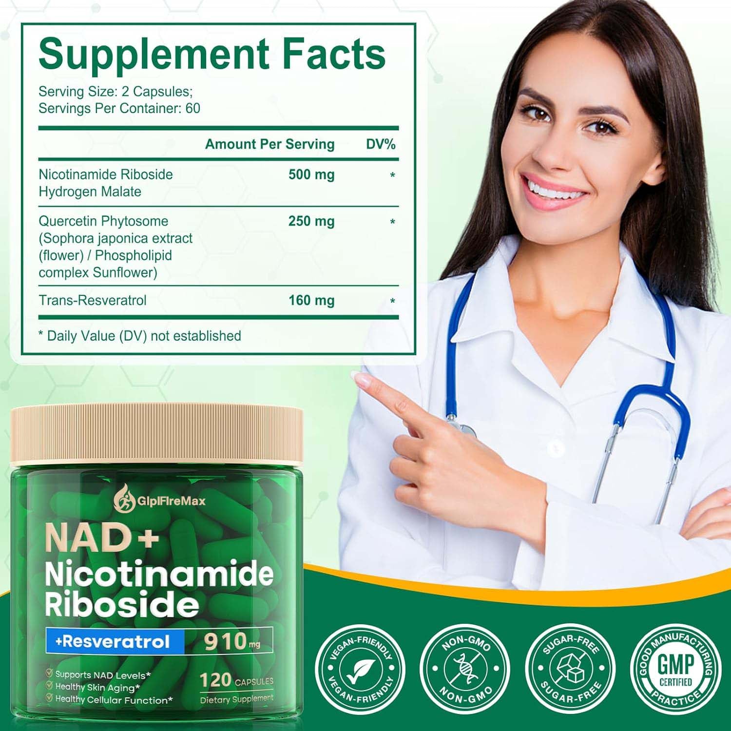 GLPIFIREMAX NAD Supplement, NAD Nicotinamide Riboside 910 Mg for Men and Women, Liposomal Nicotinamide Riboside Resveratrol, for Anti-Aging, Energy, Focus, Boost NAD+ - 120 Capsules