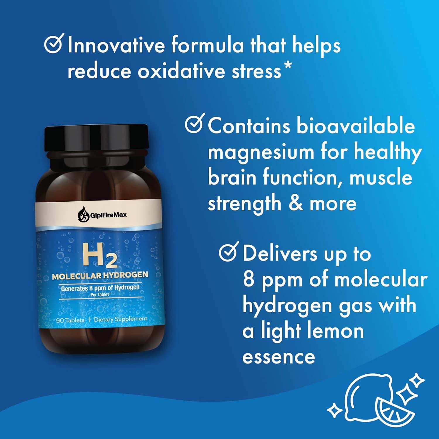 GLPIFIREMAX H2 Molecular Hydrogen - Supports Healthy Aging, Cellular Energy & Brain Health - with Elemental Magnesium - GMO-Free, Gluten-Free & Soy-Free - 90 Tablets (90 Servings)
