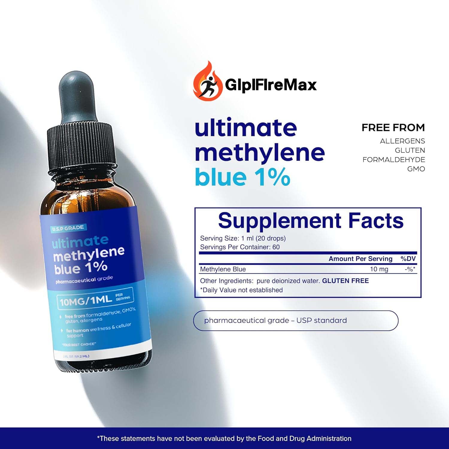 GLPIFIREMAX Methylene Blue Pharmaceutical Grade 2oz– USP Grade 1% Solution with Balanced Electrolyte SolutionThird-Party Tested Brain Health Supplement for Humans –No Formaldehyde High Cognitive Support