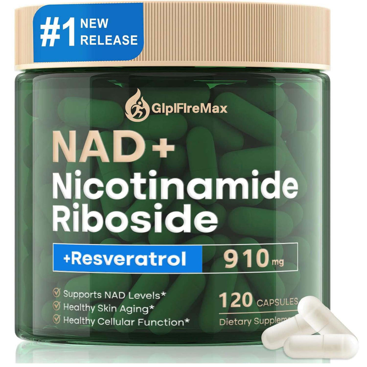 GLPIFIREMAX NAD Supplement, NAD Nicotinamide Riboside 910 Mg for Men and Women, Liposomal Nicotinamide Riboside Resveratrol, for Anti-Aging, Energy, Focus, Boost NAD+ - 120 Capsules