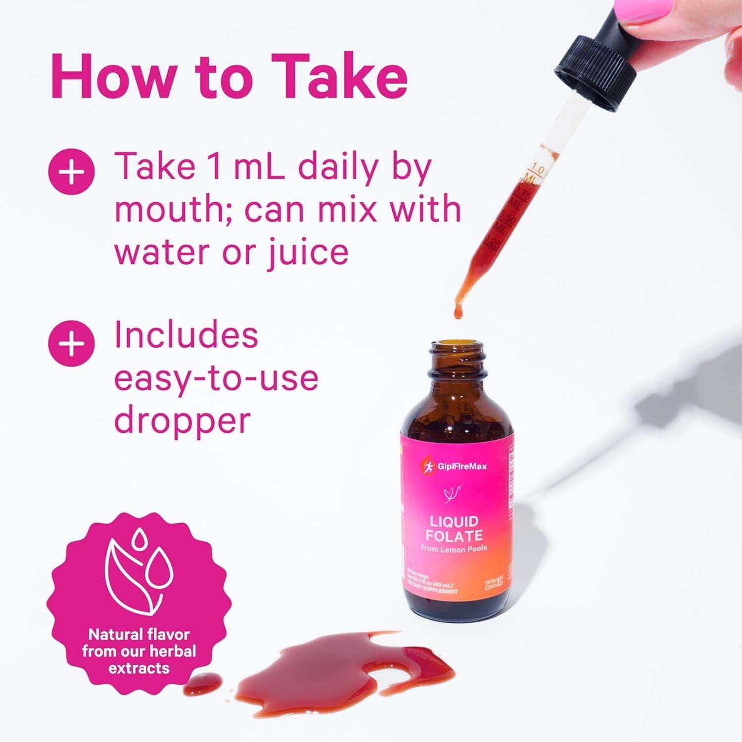 GlplFlreMax Liquid Folate: Whole-Food Vitamin B9 from Lemon Peels, Natural Folic Acid with Vitamin C, Liquid Prenatal Vitamins for Women, Pregnancy Must Haves, Women-Owned, 2 oz