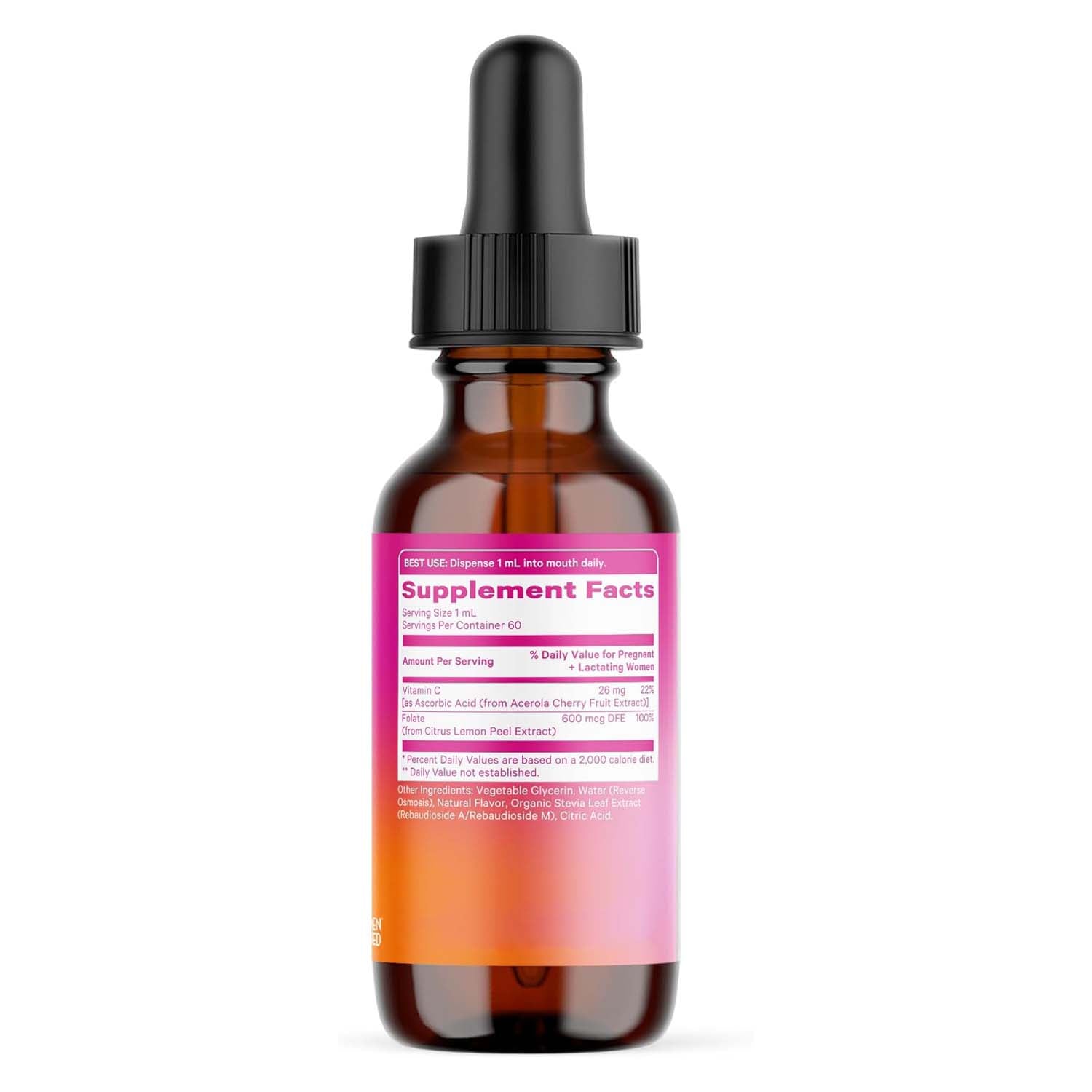 GlplFlreMax Liquid Folate: Whole-Food Vitamin B9 from Lemon Peels, Natural Folic Acid with Vitamin C, Liquid Prenatal Vitamins for Women, Pregnancy Must Haves, Women-Owned, 2 oz