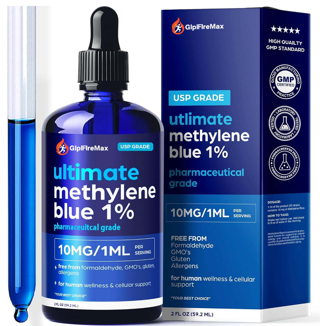 GLPIFIREMAX Methylene Blue Pharmaceutical Grade 2oz– USP Grade 1% Solution with Balanced Electrolyte SolutionThird-Party Tested Brain Health Supplement for Humans –No Formaldehyde High Cognitive Support