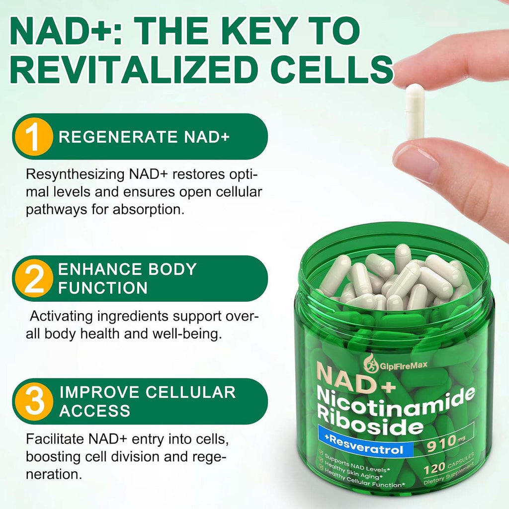 GLPIFIREMAX NAD Supplement, NAD Nicotinamide Riboside 910 Mg for Men and Women, Liposomal Nicotinamide Riboside Resveratrol, for Anti-Aging, Energy, Focus, Boost NAD+ - 120 Capsules