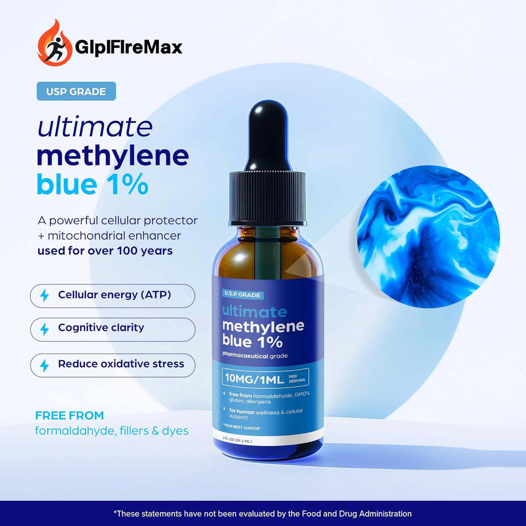 GLPIFIREMAX Methylene Blue Pharmaceutical Grade 2oz– USP Grade 1% Solution with Balanced Electrolyte SolutionThird-Party Tested Brain Health Supplement for Humans –No Formaldehyde High Cognitive Support