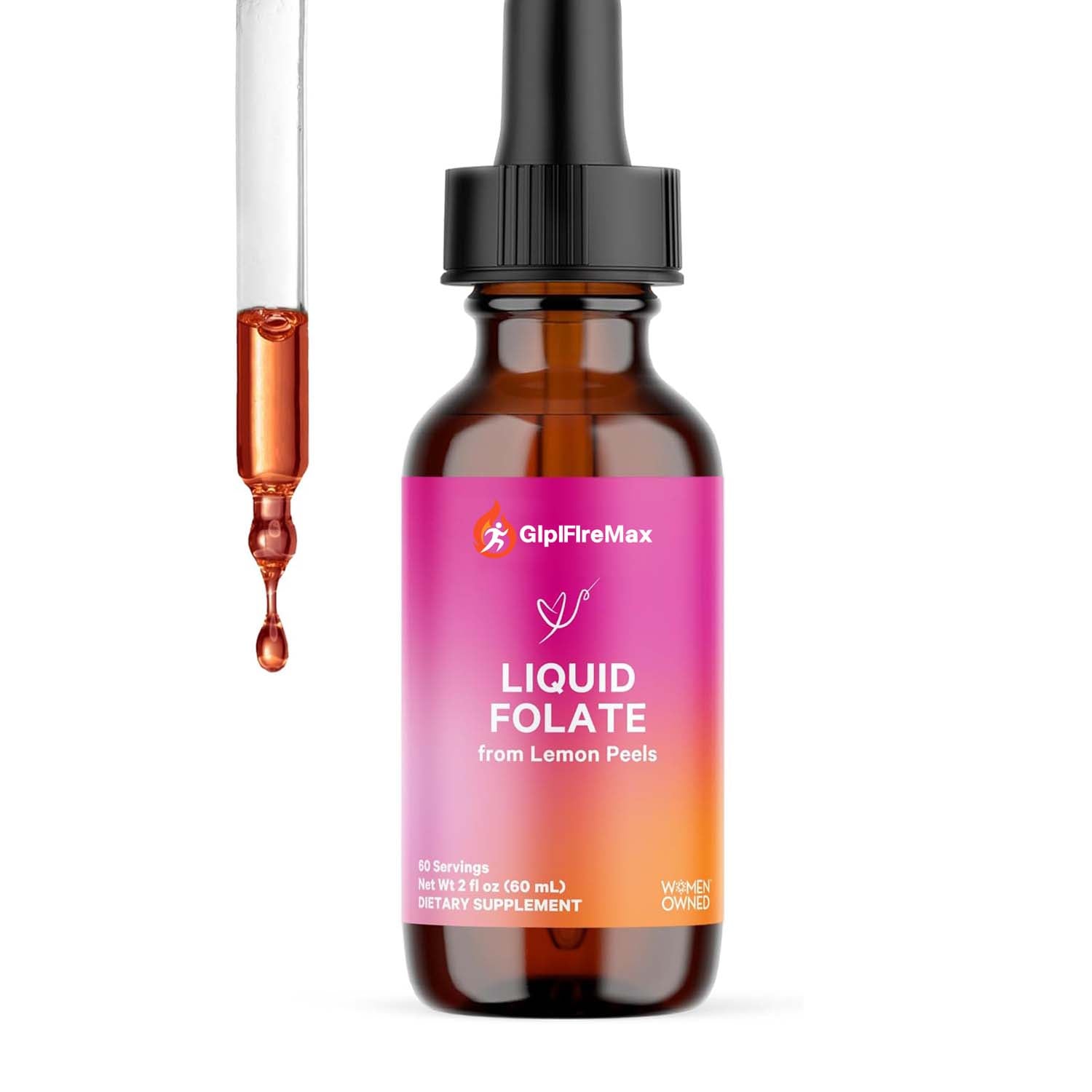 GlplFlreMax Liquid Folate: Whole-Food Vitamin B9 from Lemon Peels, Natural Folic Acid with Vitamin C, Liquid Prenatal Vitamins for Women, Pregnancy Must Haves, Women-Owned, 2 oz